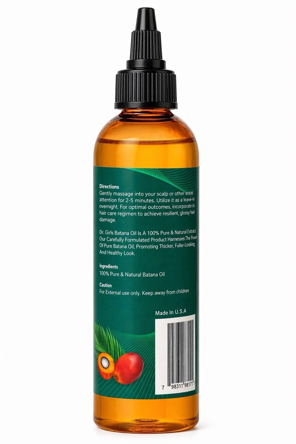 Dr. Girls Batana Oil 4 oz bottle, back label and barcode