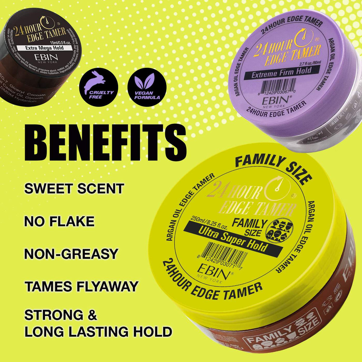 EBIN 24 Hour Edge Tamer benefit graphic showing three hold formulas