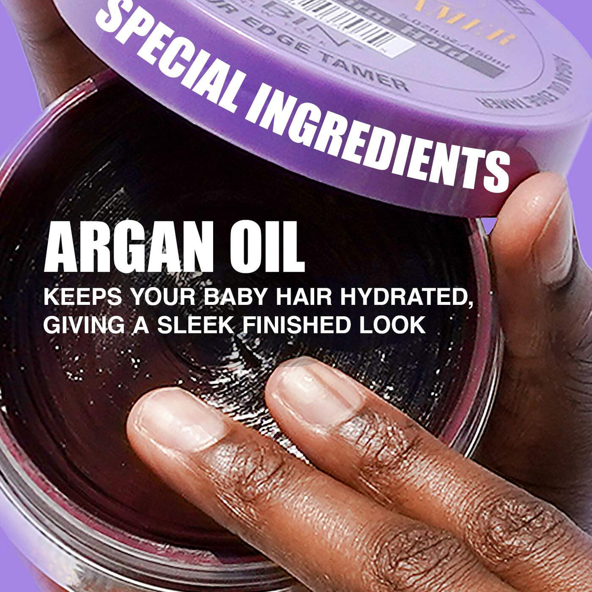 Argan oil ingredient graphic with an open EBIN Edge Tamer jar