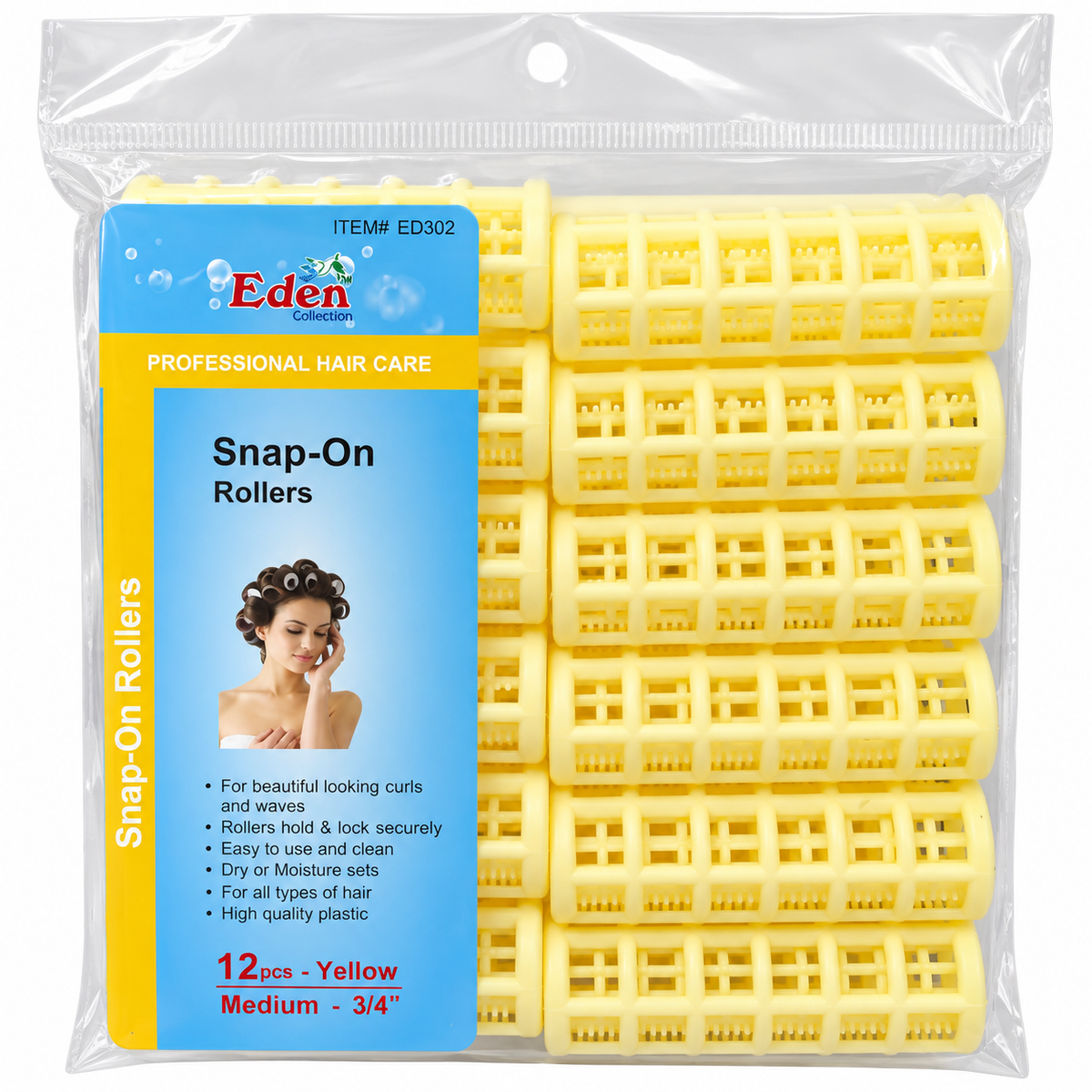 Eden Snap-On Rollers — Medium 3/4", Yellow, 12 Count in retail packaging