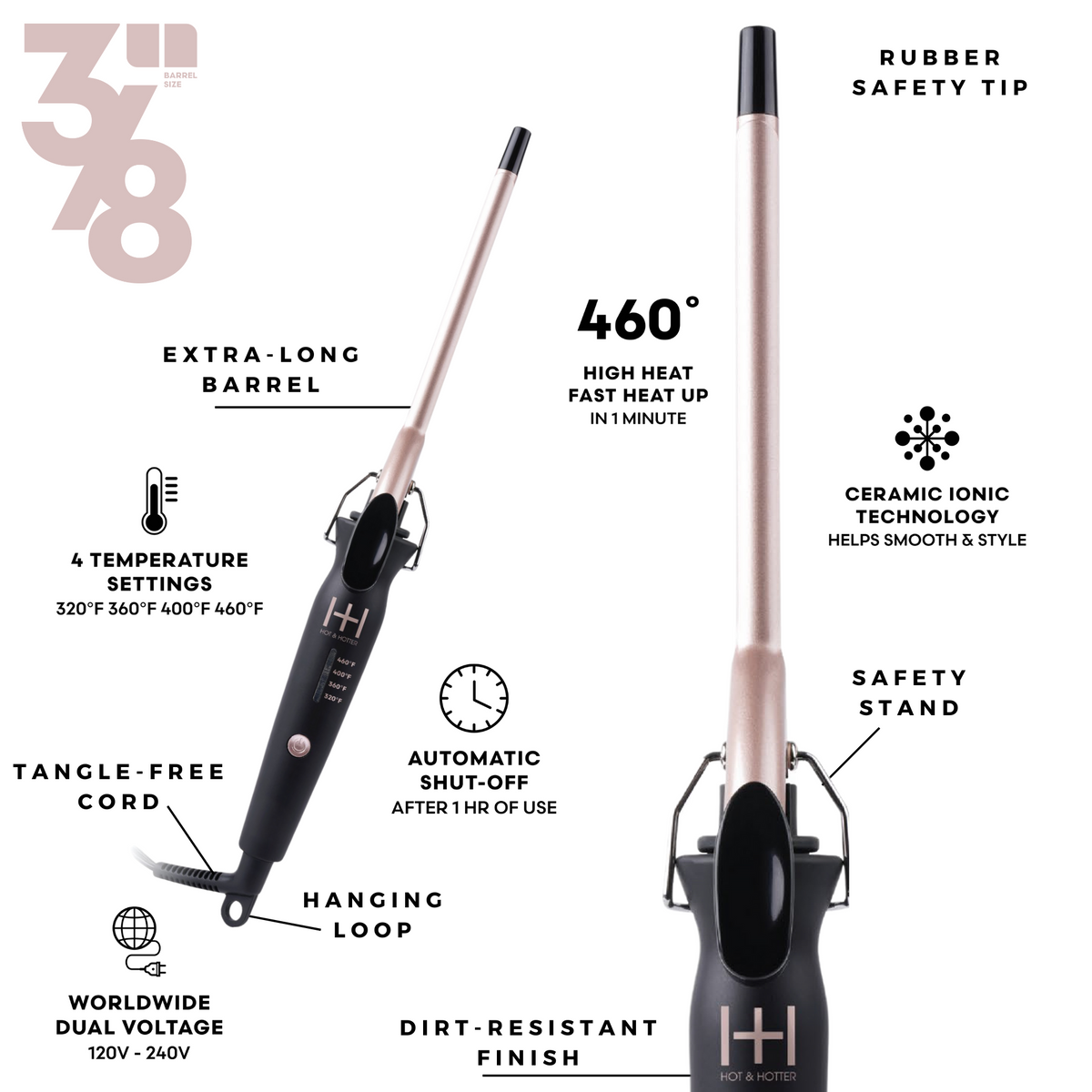 Hot & Hotter Extra Long Curling Iron 3/8 Inch — barrel and controls feature diagram