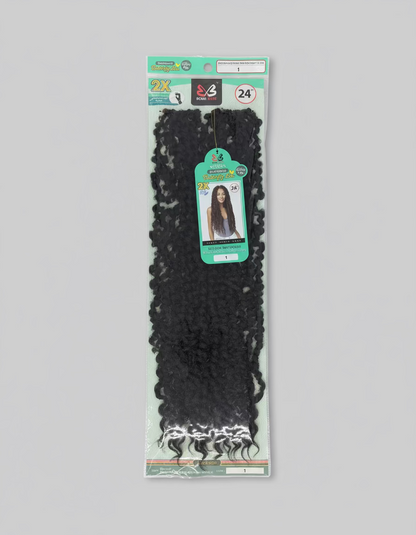 Packaged hair extensions with a label on a gray background