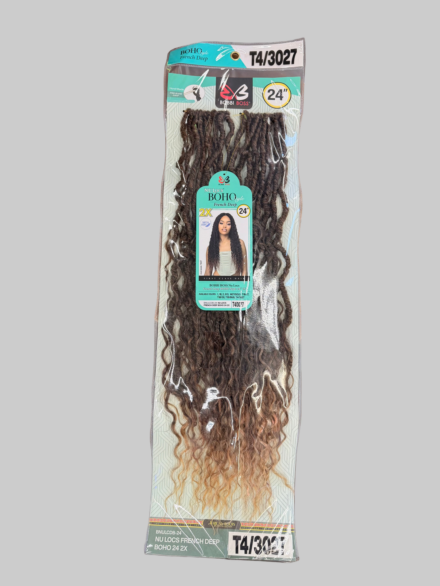 Packaged hair extensions with a gray background