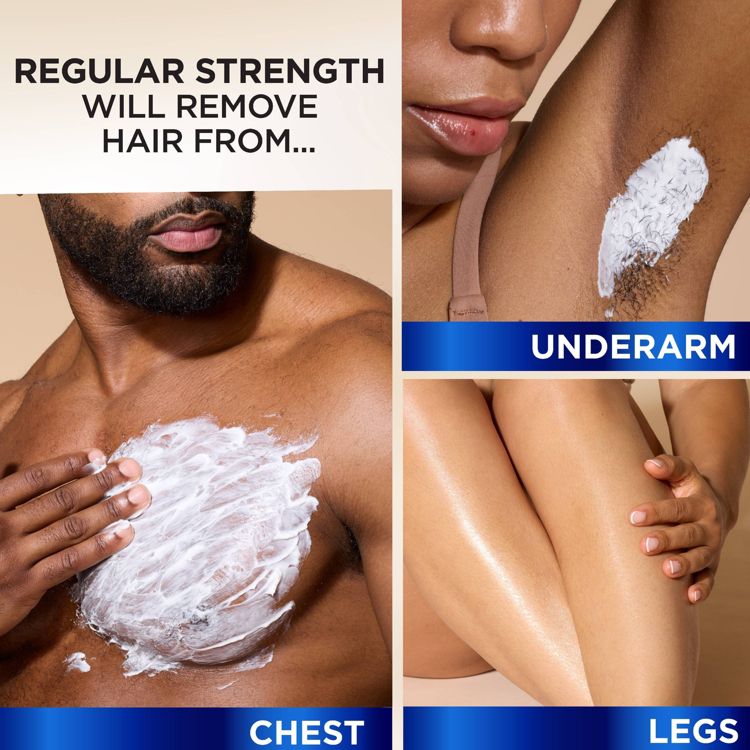 Text on the image reads 'REGULAR STRENGTH WILL REMOVE HAIR FROM...' with images showing cream applied on a chest, underarm, and smooth legs.