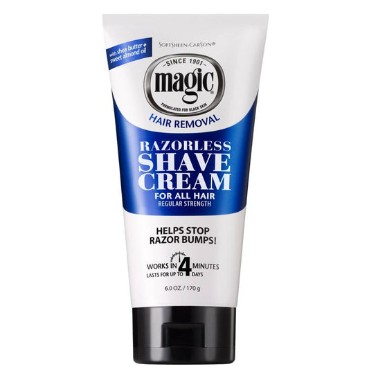 Tube of Magic Razorless Shave Cream for all hair, regular strength, with 6.0 oz / 170 g label, featuring text about stopping razor bumps and working in 4 minutes.