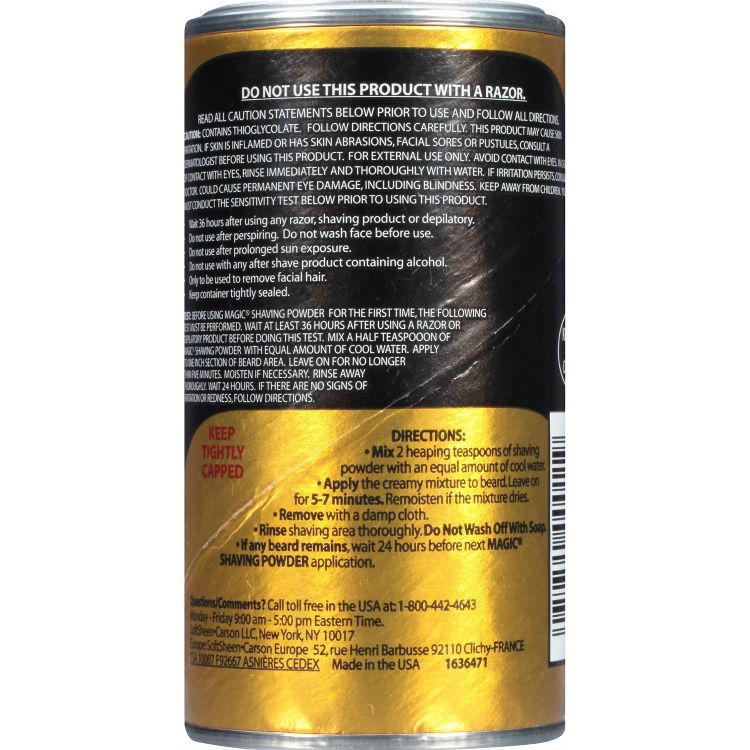A can of shaving powder with detailed usage instructions and cautionary text printed on the label.