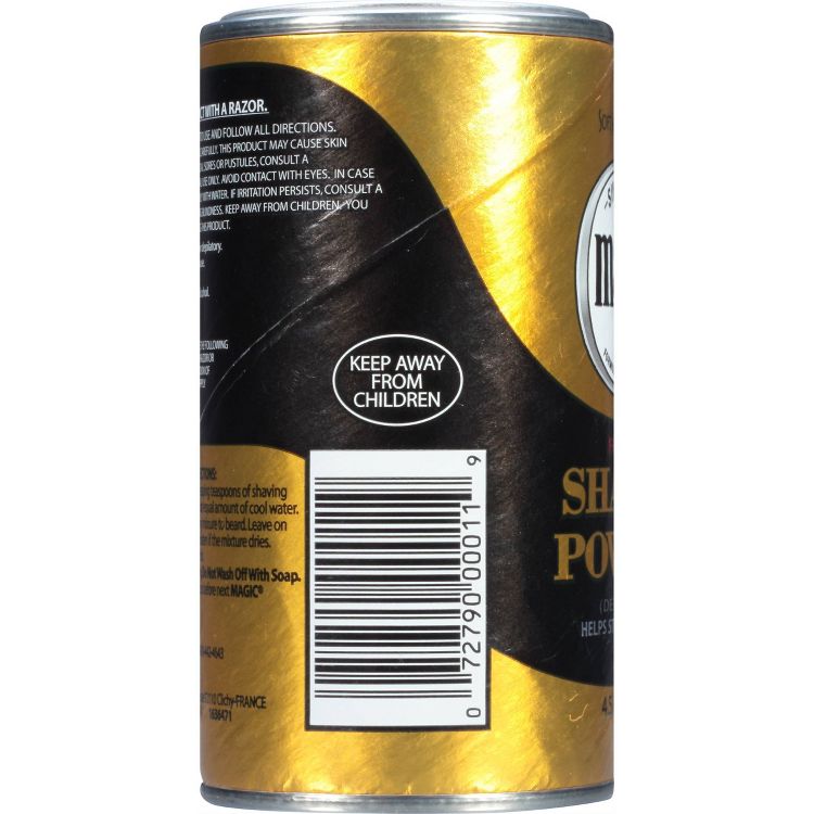 A cylindrical container of shaving powder with a gold and black design, featuring a barcode and the text "KEEP AWAY FROM CHILDREN."