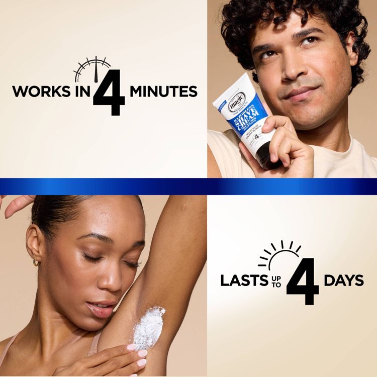A person applies a cream labeled 'Magic Shave Cream' to their underarm, with text stating 'Works in 4 minutes' and 'Lasts up to 4 days.'