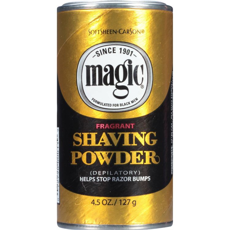 A can of Magic fragrant shaving powder with "Since 1901" and "4.5 oz / 127 g" written on the label.