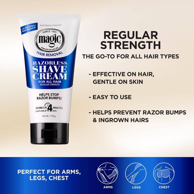 Tube of Magic Razorless Shave Cream for all hair types with text highlighting its benefits and usage areas for arms, legs, and chest.