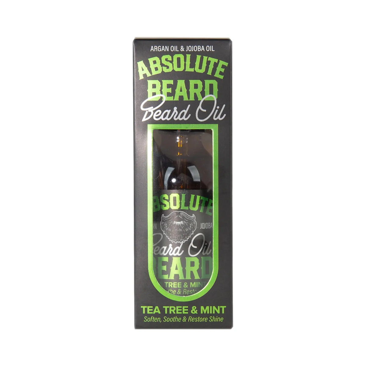 Absolute Beard Oil – Tea Tree + Mint, retail packaging