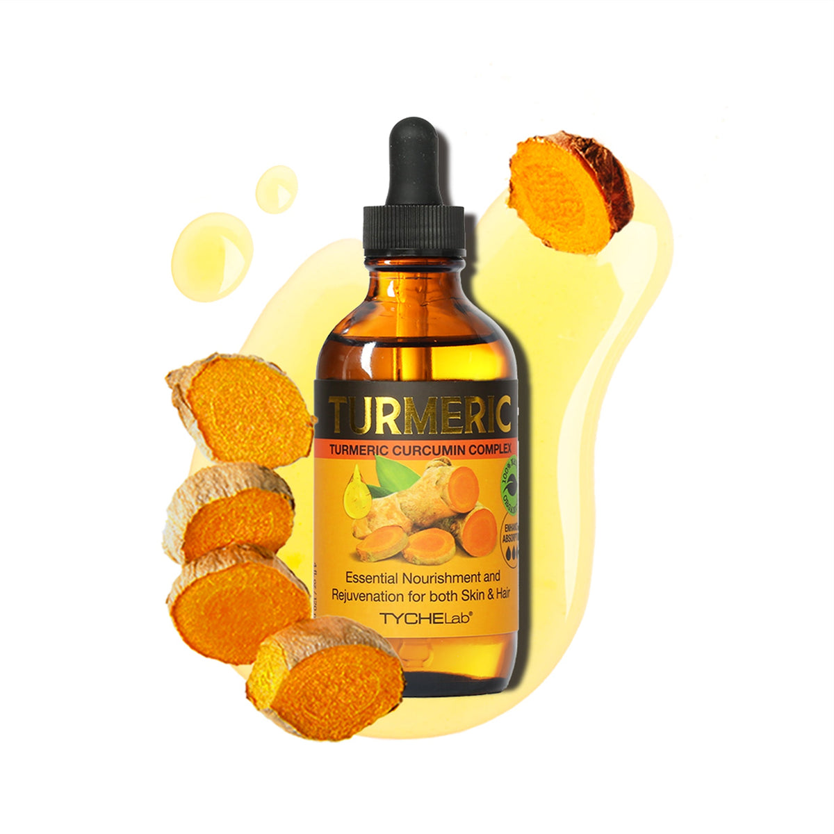 Tyche Turmeric Oil bottle with turmeric root illustration