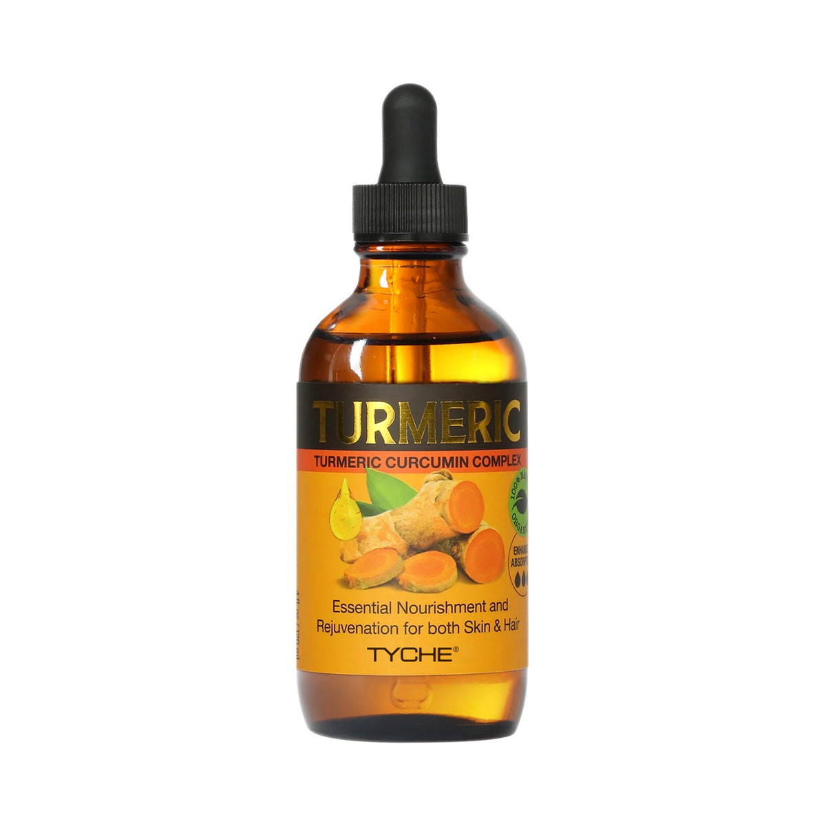Tyche Turmeric Oil in an amber dropper bottle
