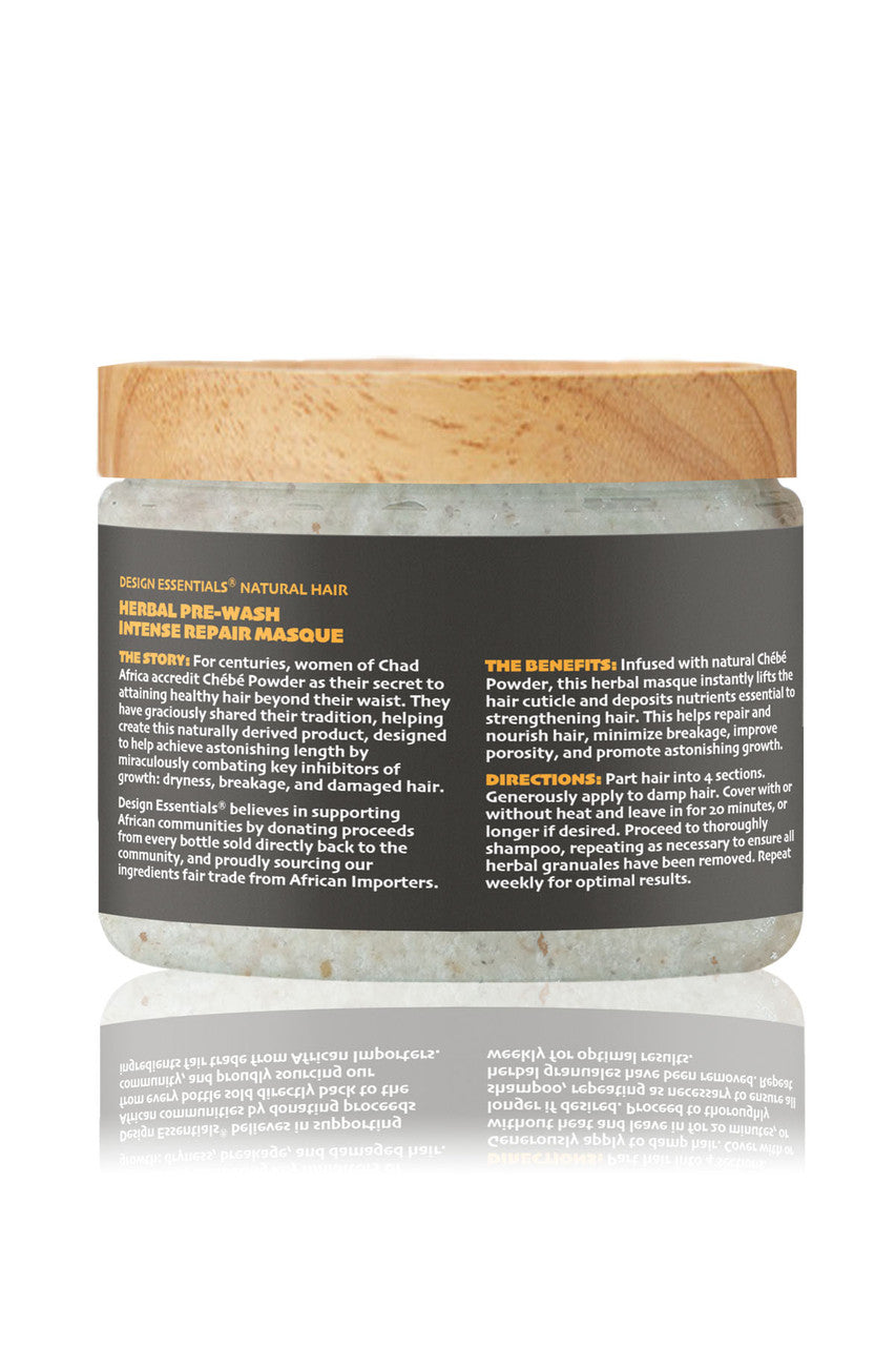 Back label of Design Essentials® African Chébé Herbal Pre-Wash Intense Repair Masque, detailing ingredients and usage instructions for locking in moisture and minimizing breakage.