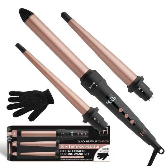 Hot & Hotter 3-in-1 Digital Curling Wand Set — three curling barrels with glove and box