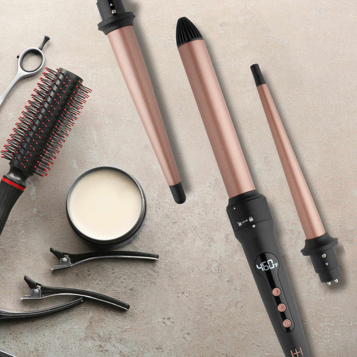 Hot & Hotter 3-in-1 Digital Curling Wand Set — curling wand set arranged with styling accessories