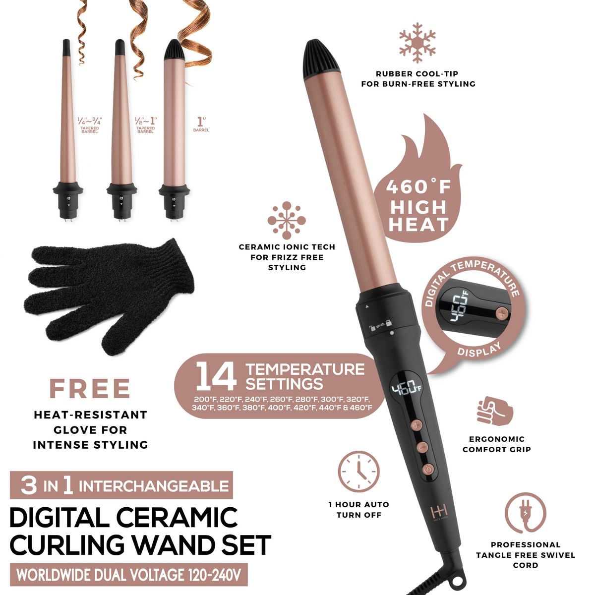 Hot & Hotter 3-in-1 Digital Curling Wand Set — barrel sizes and controls feature graphic