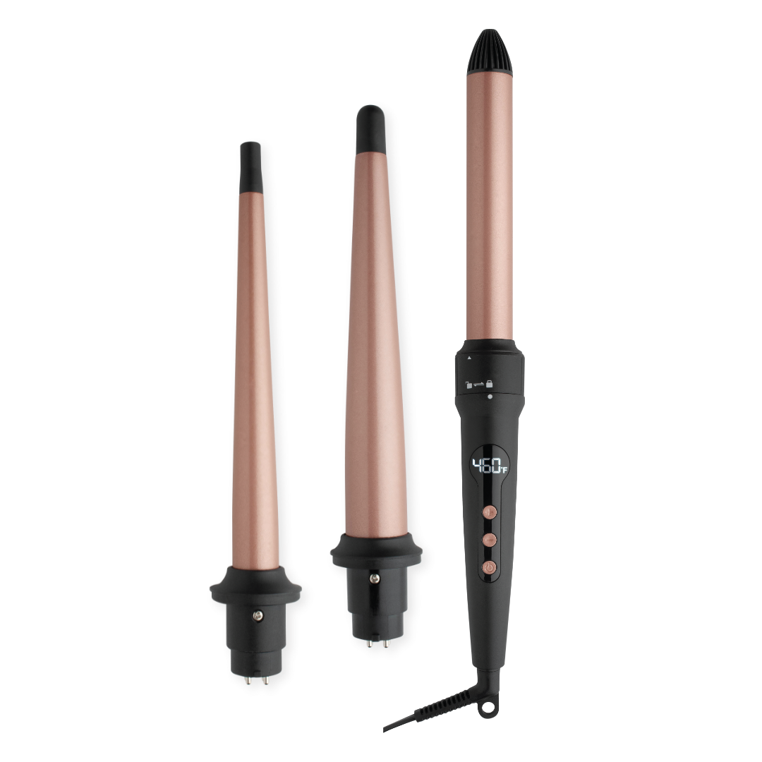 Hot & Hotter 3-in-1 Digital Curling Wand Set — three barrels against a black background