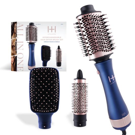 Hot & Hotter Interchangeable Hair Dryer Brush Set — blue dryer brush and interchangeable heads