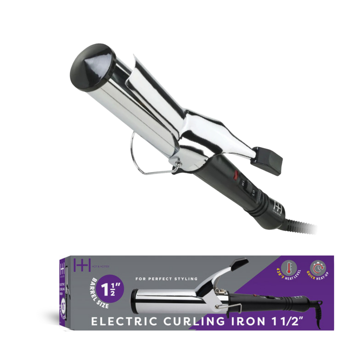 Hot & Hotter Electric Curling Iron 1 1/2 Inch — wide curling iron and retail box