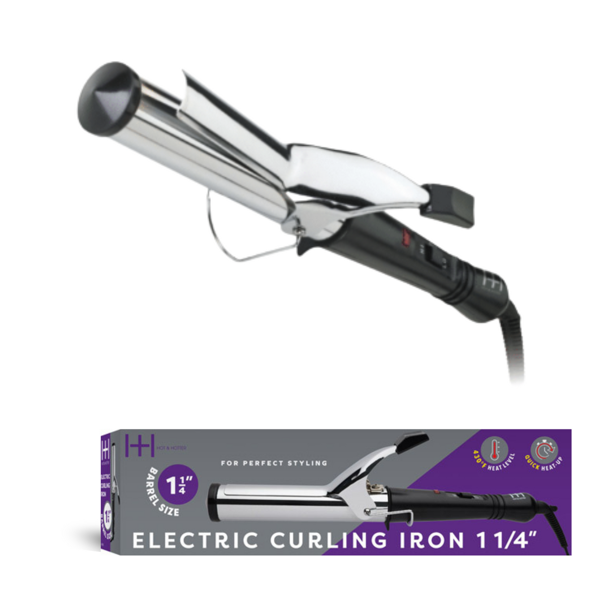Hot & Hotter Electric Curling Iron 1 1/4 Inch — wide curling iron and retail box