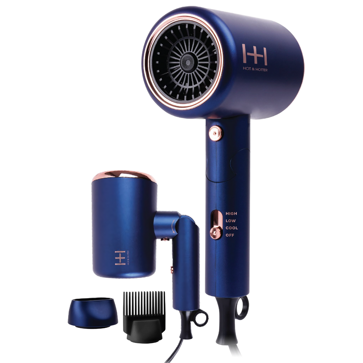 Hot & Hotter Turbo 3500 Foldable Hair Dryer, Blue — dryer with attachments and folded handle