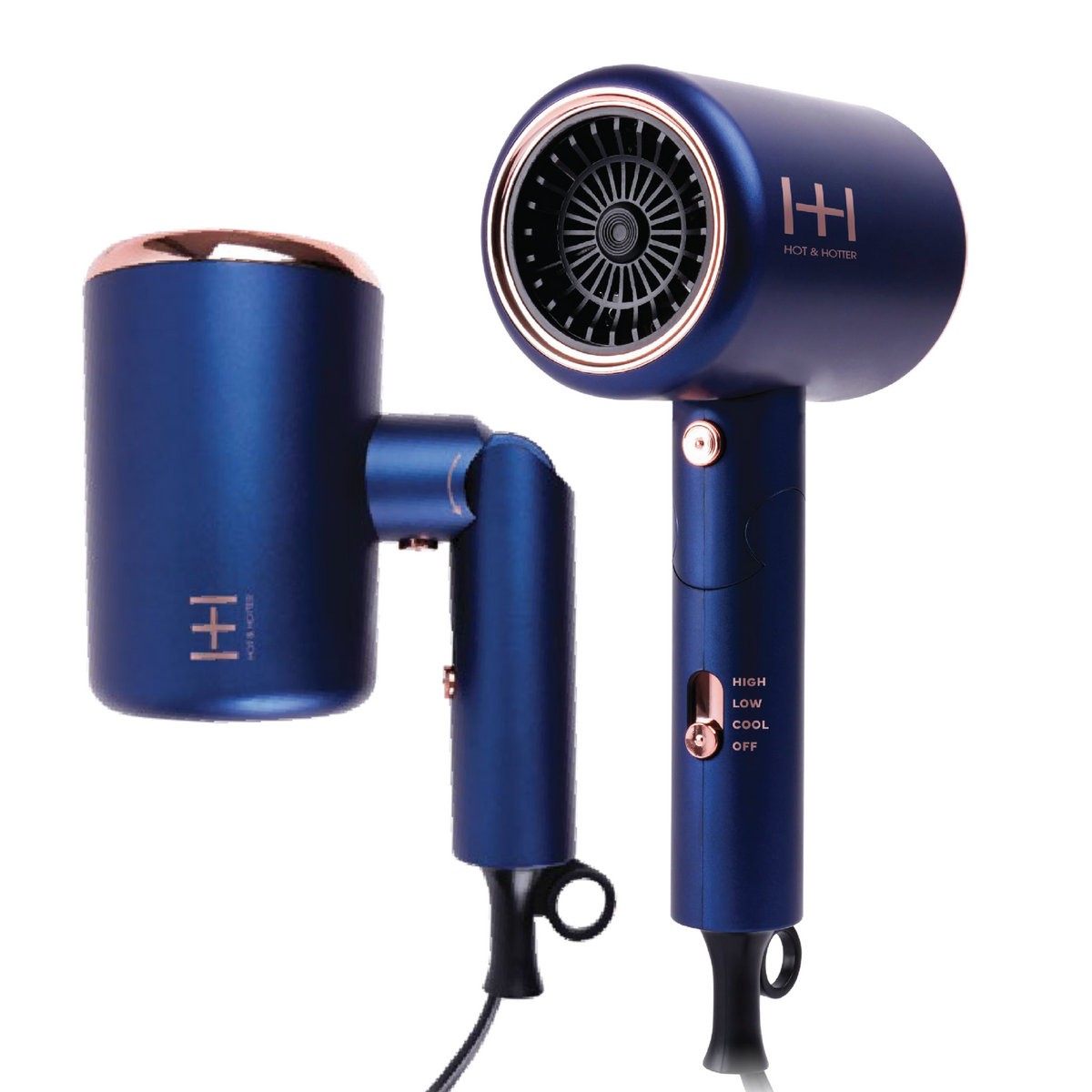 Hot & Hotter Turbo 3500 Foldable Hair Dryer, Blue — dryer shown folded and open