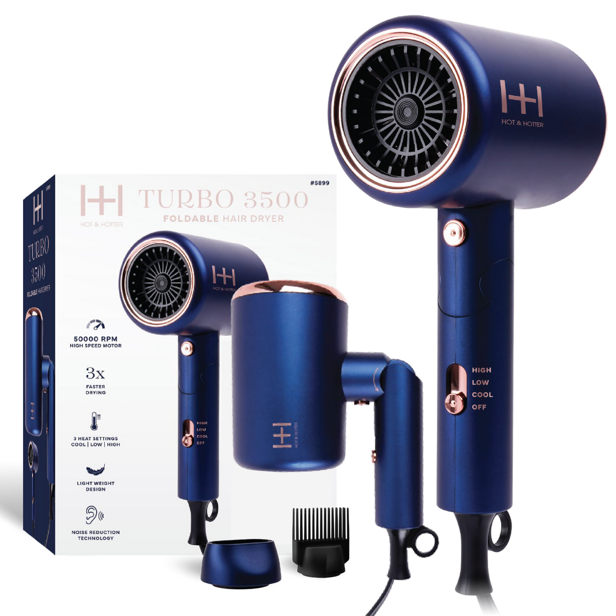 Hot & Hotter Turbo 3500 Foldable Hair Dryer, Blue — blue foldable dryer with attachments and box