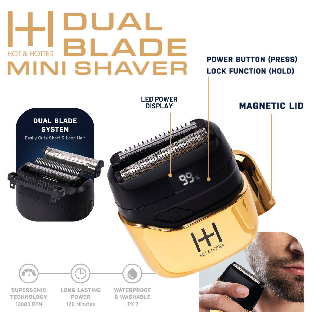 Hot & Hotter Dual Blade Mini Foil Shaver, Gold — foil head and magnetic lid feature diagram