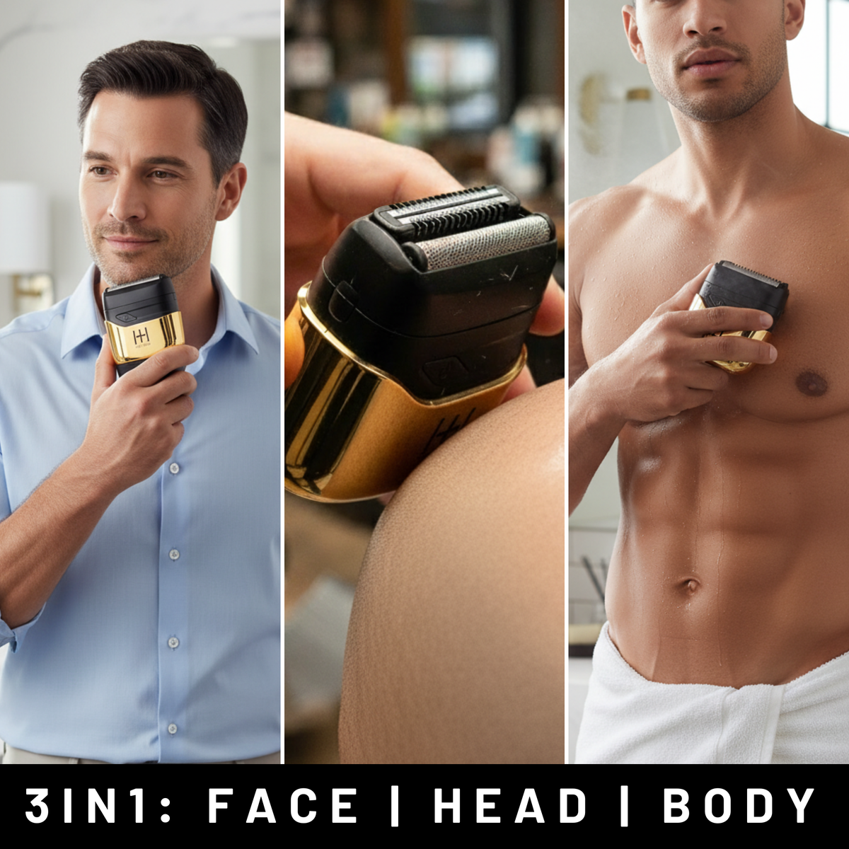 Hot & Hotter Dual Blade Mini Foil Shaver, Gold — face, head, and body grooming collage