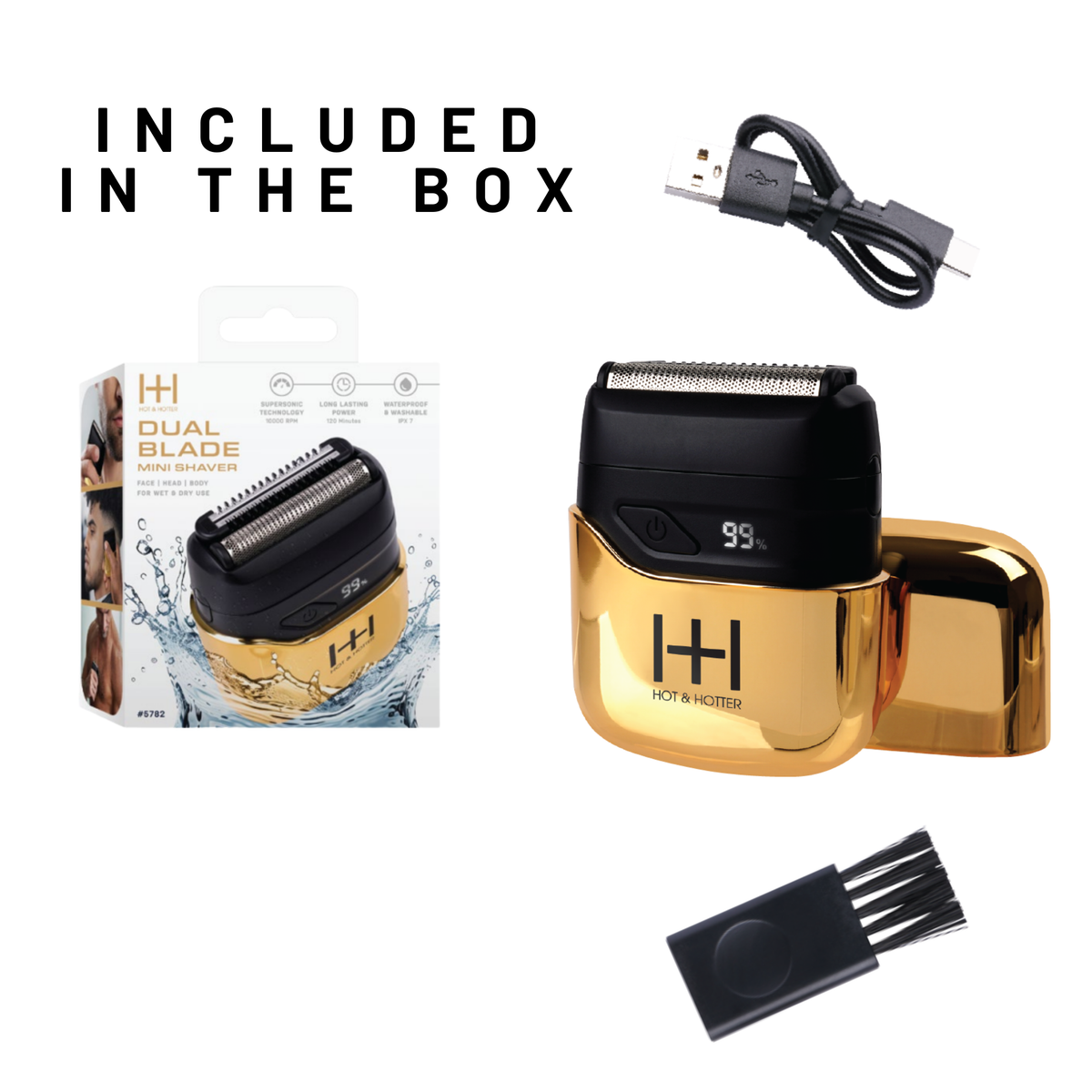 Hot & Hotter Dual Blade Mini Foil Shaver, Gold — shaver with cable and cleaning brush