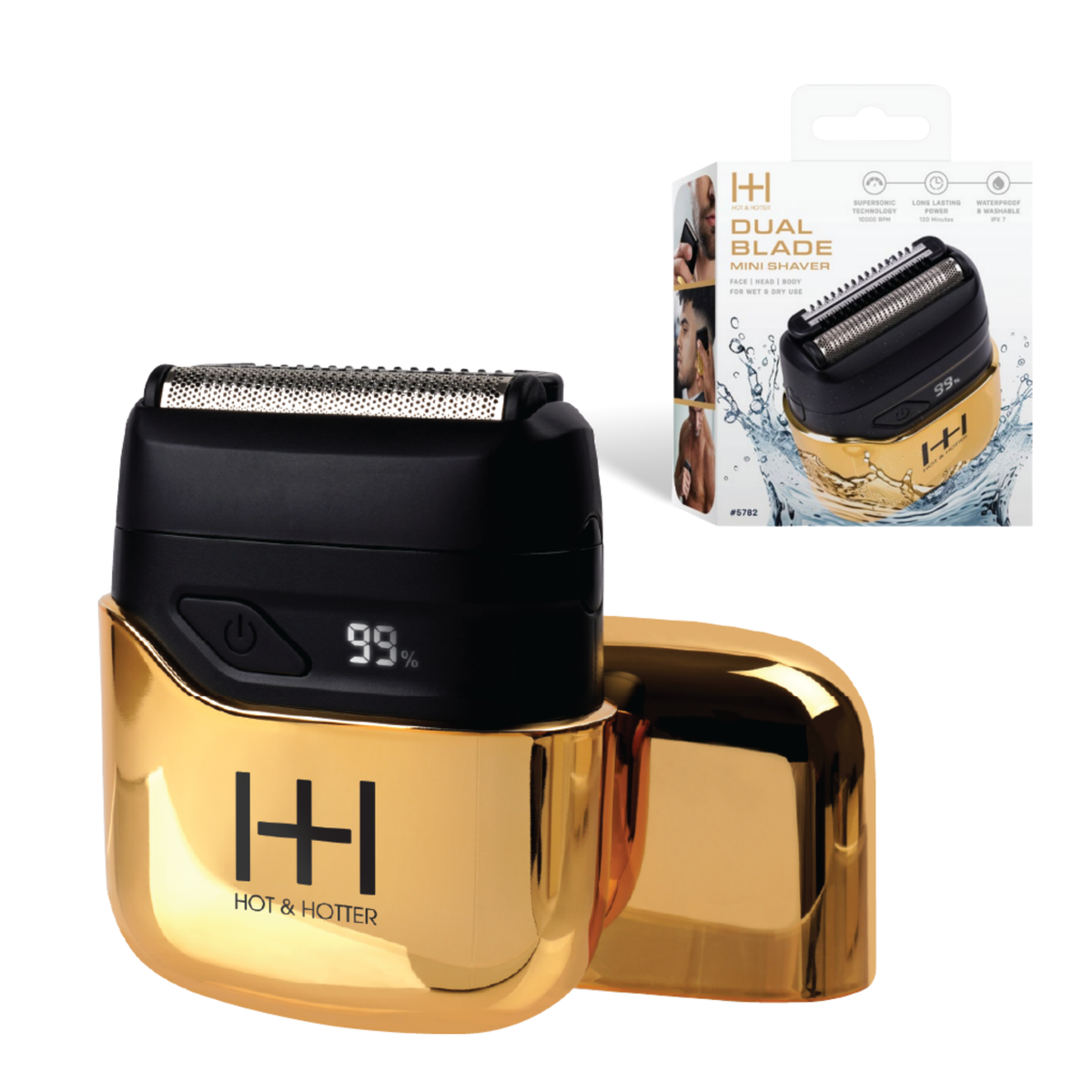 Hot & Hotter Dual Blade Mini Foil Shaver, Gold — gold mini shaver with lid and box