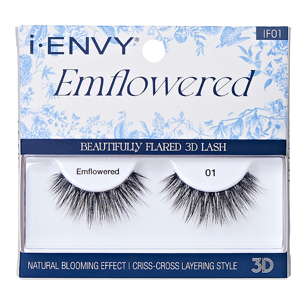 IF01_main "A single false eyelash. The eyelash is curved and features multiple layers of fine, black synthetic fibers that taper towards the ends, creating a voluminous and dramatic look. The fibers are densely packed at the base and gradually become sparser towards the tips, giving a natural yet enhanced appearance. The eyelash is designed to be applied to the upper eyelid to enhance the length and fullness of natural lashes."