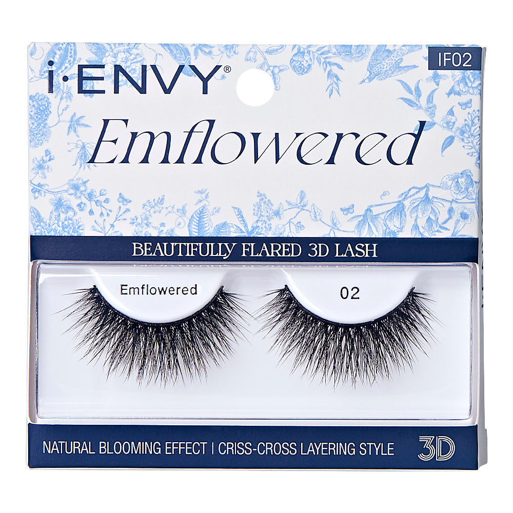 IF02_main "A single false eyelash. The eyelash is black and features a dense, voluminous design with long, wispy strands. The base of the eyelash is curved to fit the natural shape of the eyelid, and the individual strands vary in length, creating a fluttery and dramatic effect."