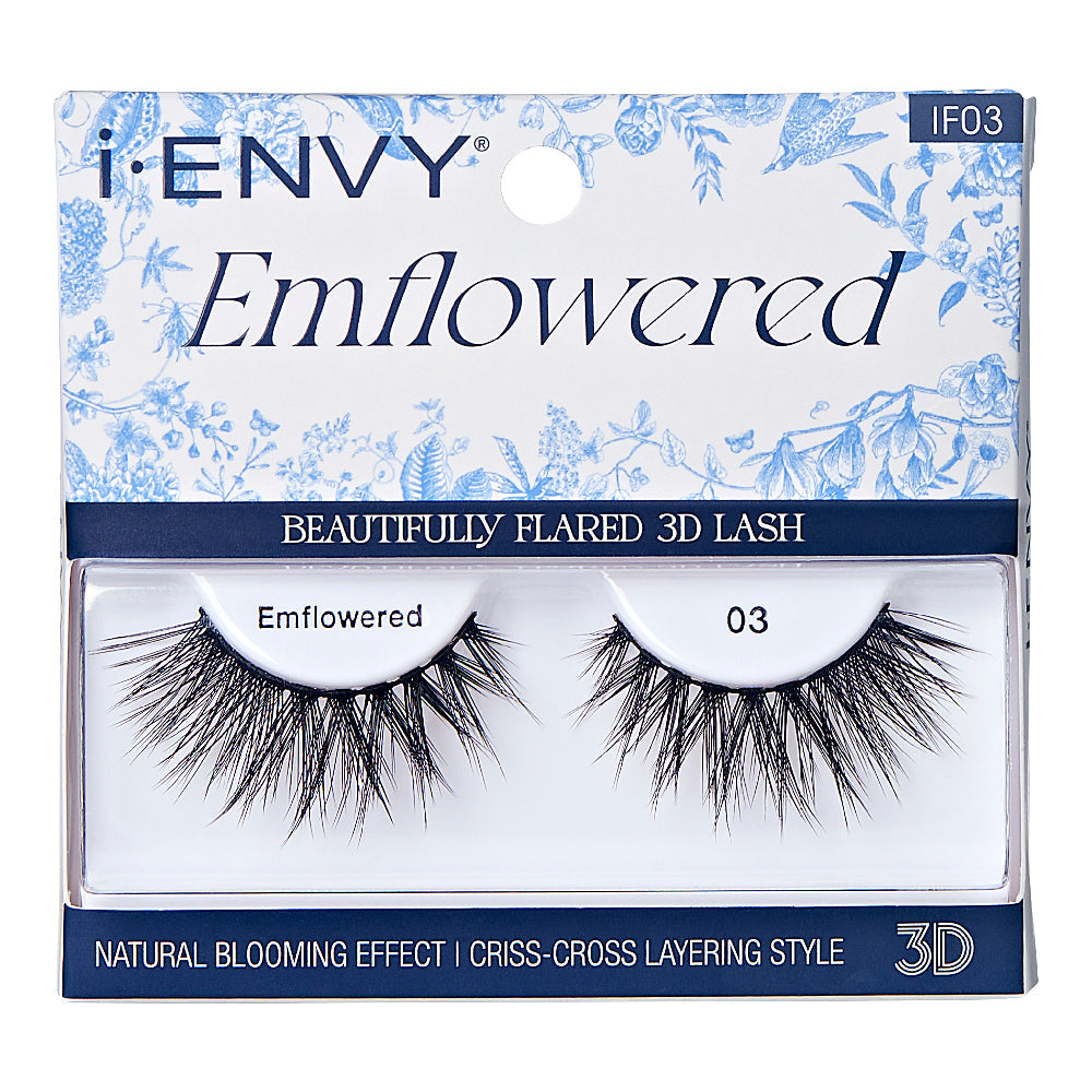 IF03_main "A single false eyelash. The eyelash is black and features a dramatic, voluminous design with long, wispy strands. The lashes are arranged in a slightly curved shape, mimicking the natural curve of an eyelid. The base of the eyelash strip is thicker, providing a foundation for the individual lash fibers that fan outwards. The overall appearance is bold and designed to enhance the eyes with a fuller, more glamorous look."