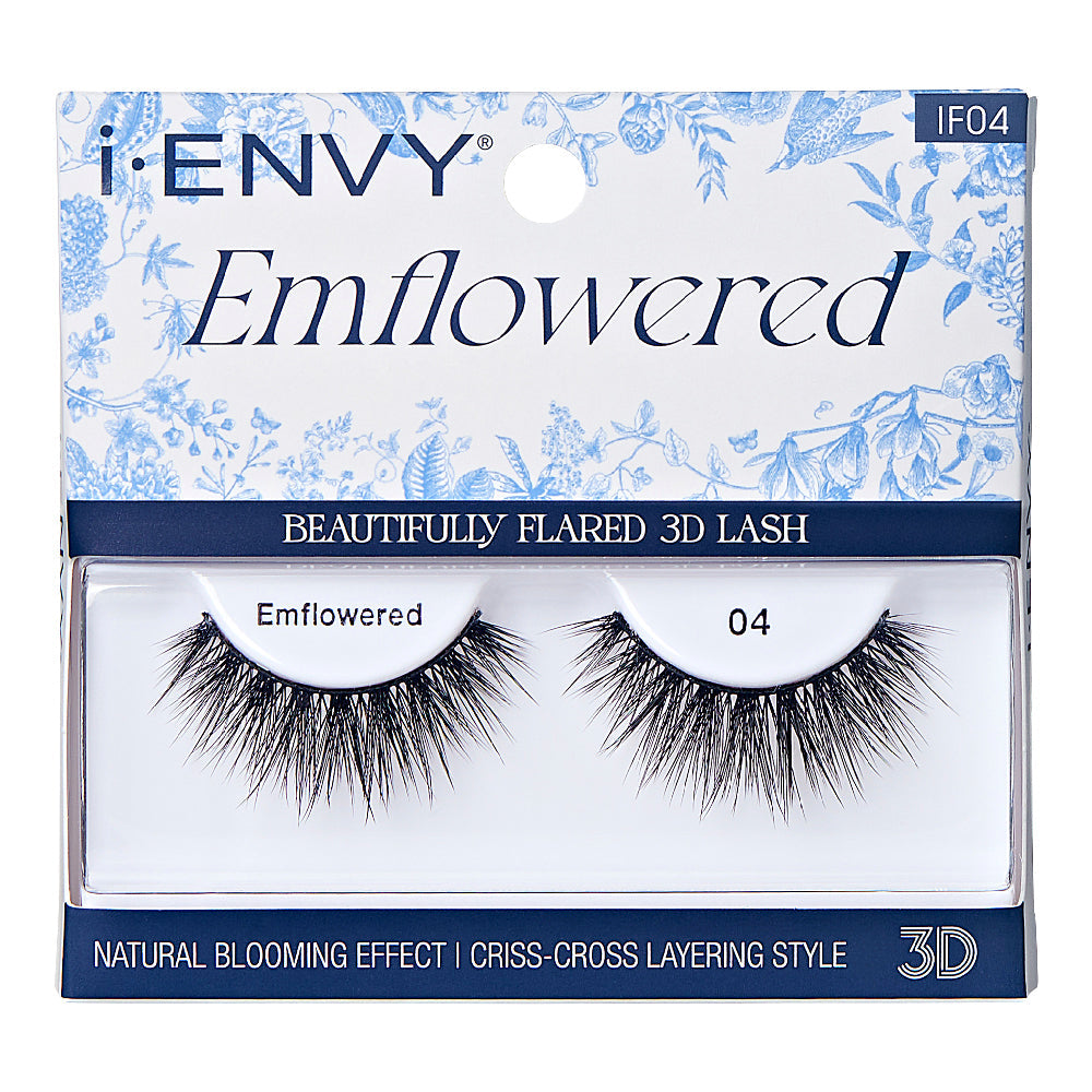IF04_main "A single false eyelash. The eyelash is black and features a dramatic, voluminous design with long, wispy strands. The base of the eyelash is curved to fit the natural shape of the eyelid, and the individual strands vary in length, creating a fluttery and full appearance. The overall look is bold and intended to enhance the eyes significantly."
