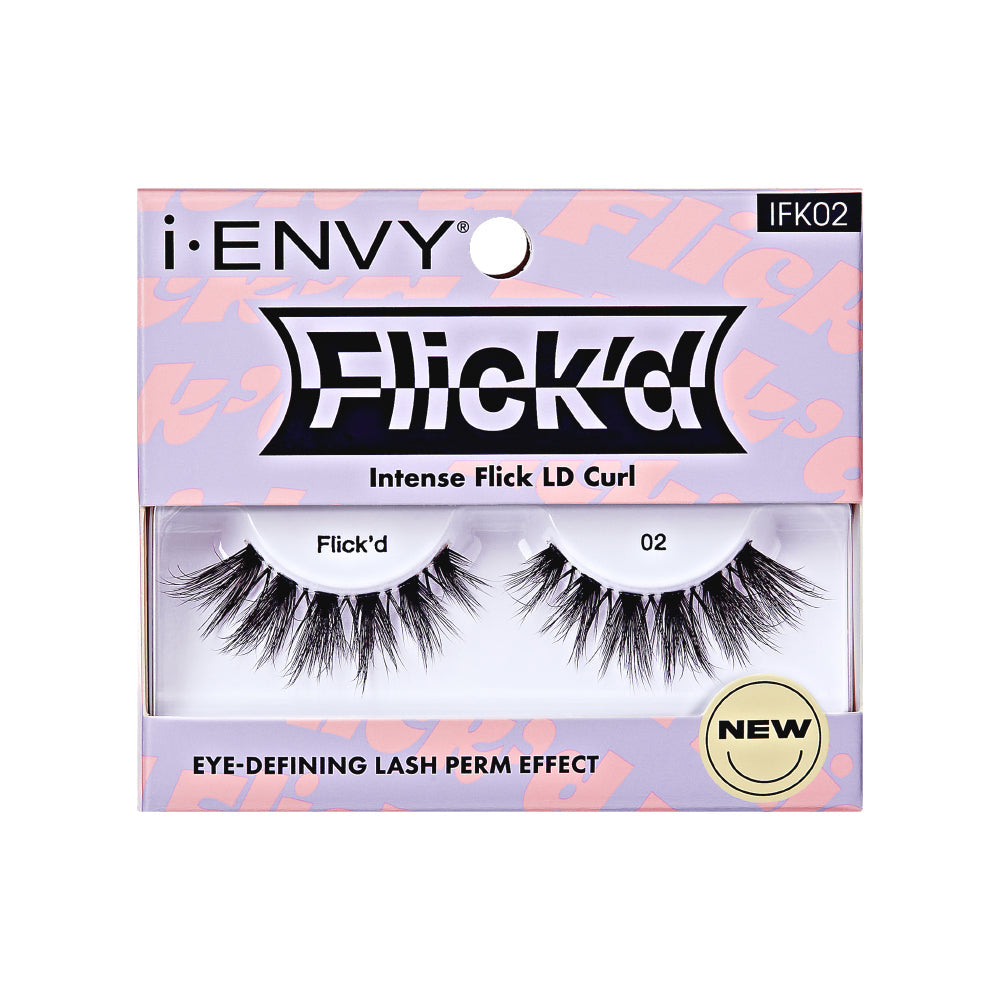 IFK02_main "The image depicts a single false eyelash. The eyelash is curved and features multiple clusters of fine, black synthetic fibers that mimic the appearance of natural eyelashes. The fibers are denser at the base and taper off towards the tips, creating a voluminous and fluttery effect. The base of the eyelash appears to be designed for easy application to the eyelid. The background is plain white, highlighting the details of the eyelash."