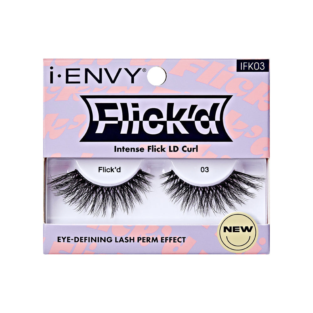 IFK03_main "The image depicts a single false eyelash. The eyelash is curved and features densely packed, fine, and wispy strands that taper towards the ends. The base of the eyelash is thicker and appears to be designed for attachment to the eyelid. The overall design suggests a voluminous and dramatic look, suitable for enhancing the appearance of natural eyelashes. The background is plain white, highlighting the intricate details of the eyelash."