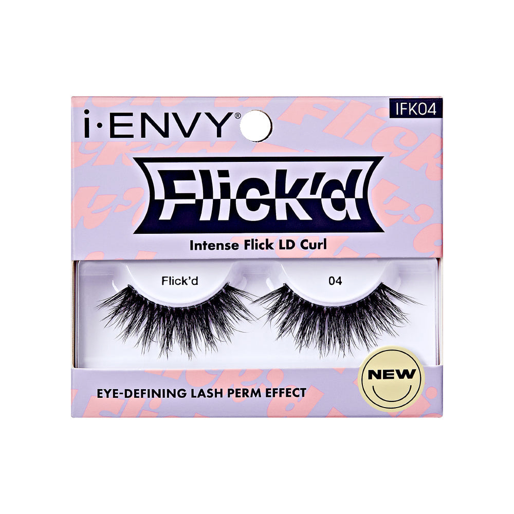 IFK04_main "The image depicts a single false eyelash. The eyelash is curved and features a dense arrangement of fine, wispy strands that taper towards the ends, creating a voluminous and fluttery appearance. The base of the eyelash is thicker and appears to be designed for attachment to the eyelid. The overall design suggests it is intended for enhancing the length and fullness of natural eyelashes. The background is plain white, highlighting the details of the eyelash."