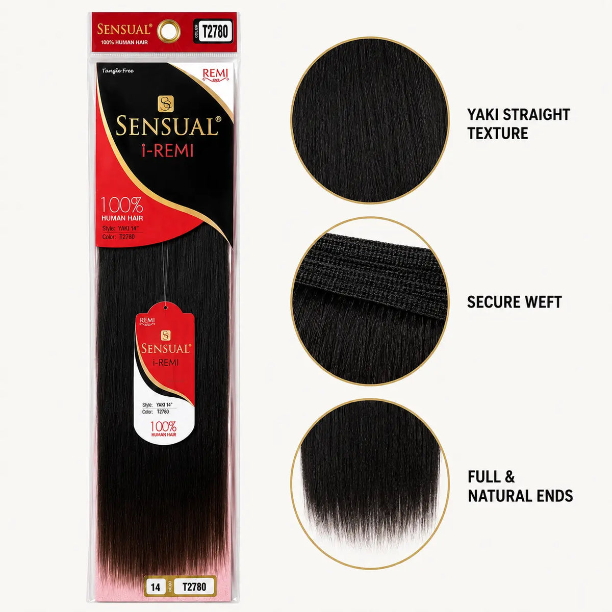 Packaged Sensual I-Remi 100% human hair extension shown on a light beige background, with three circular detail callouts highlighting yaki straight texture, secure weft, and full natural ends.
