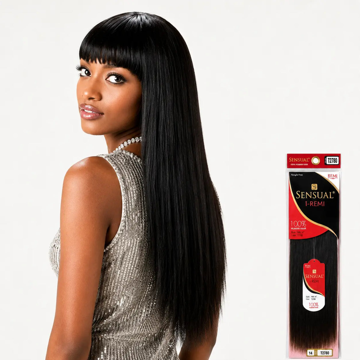 A woman with long, straight, black hair extensions and blunt bangs is shown from the side against a light gray background, with a package of Sensual Remi hair extensions visible on the right.