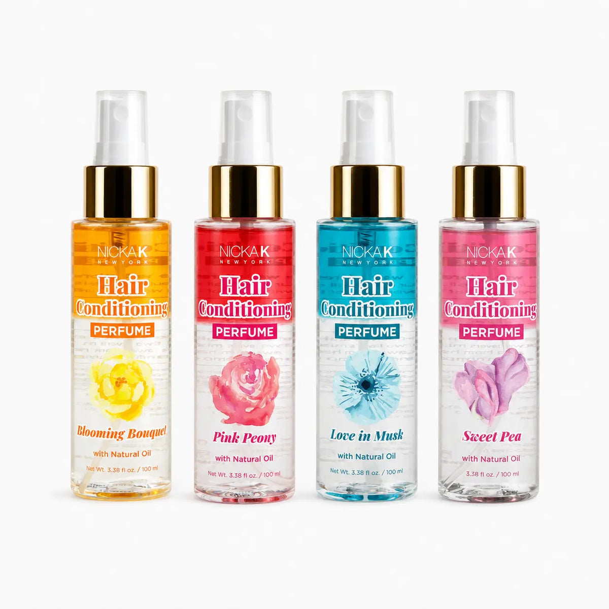 Four Nicka K Hair Conditioning Perfume sprays in Blooming Bouquet, Pink Peony, Love in Musk, and Sweet Pea scents, 3.38 oz each.