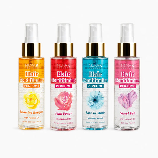 Four Nicka K Hair Conditioning Perfume sprays in Blooming Bouquet, Pink Peony, Love in Musk, and Sweet Pea scents, 3.38 oz each.