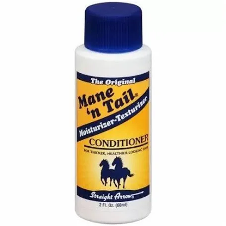 Bottle of Mane 'n Tail conditioner with blue cap on a white background