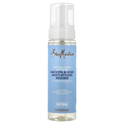 Shea Moisture smooth & hold multi-styling mousse bottle on a white background