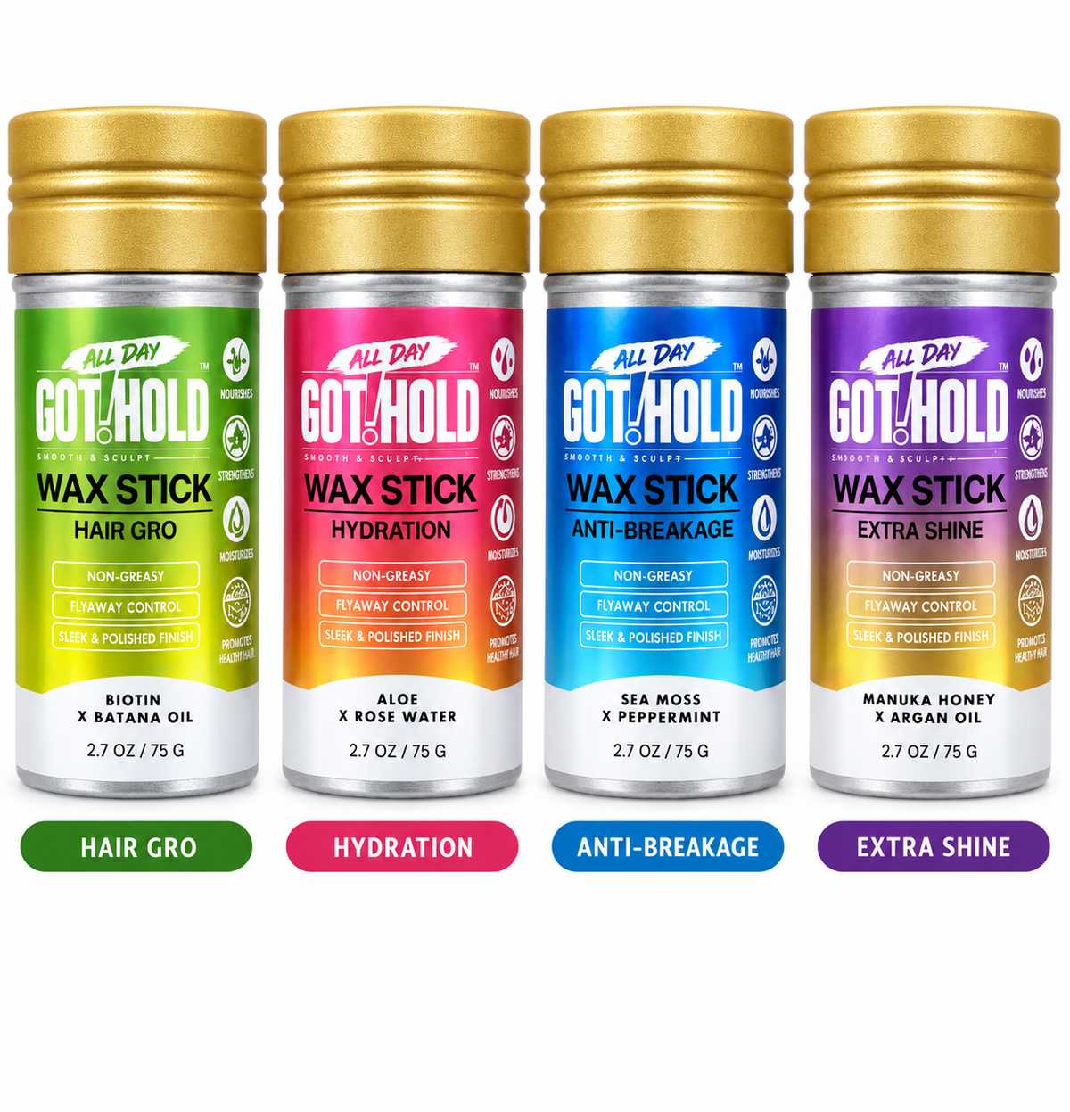 GOT2HOLD All Day Wax Stick lineup: Hair Gro, Hydration, Anti-Breakage and Extra Shine