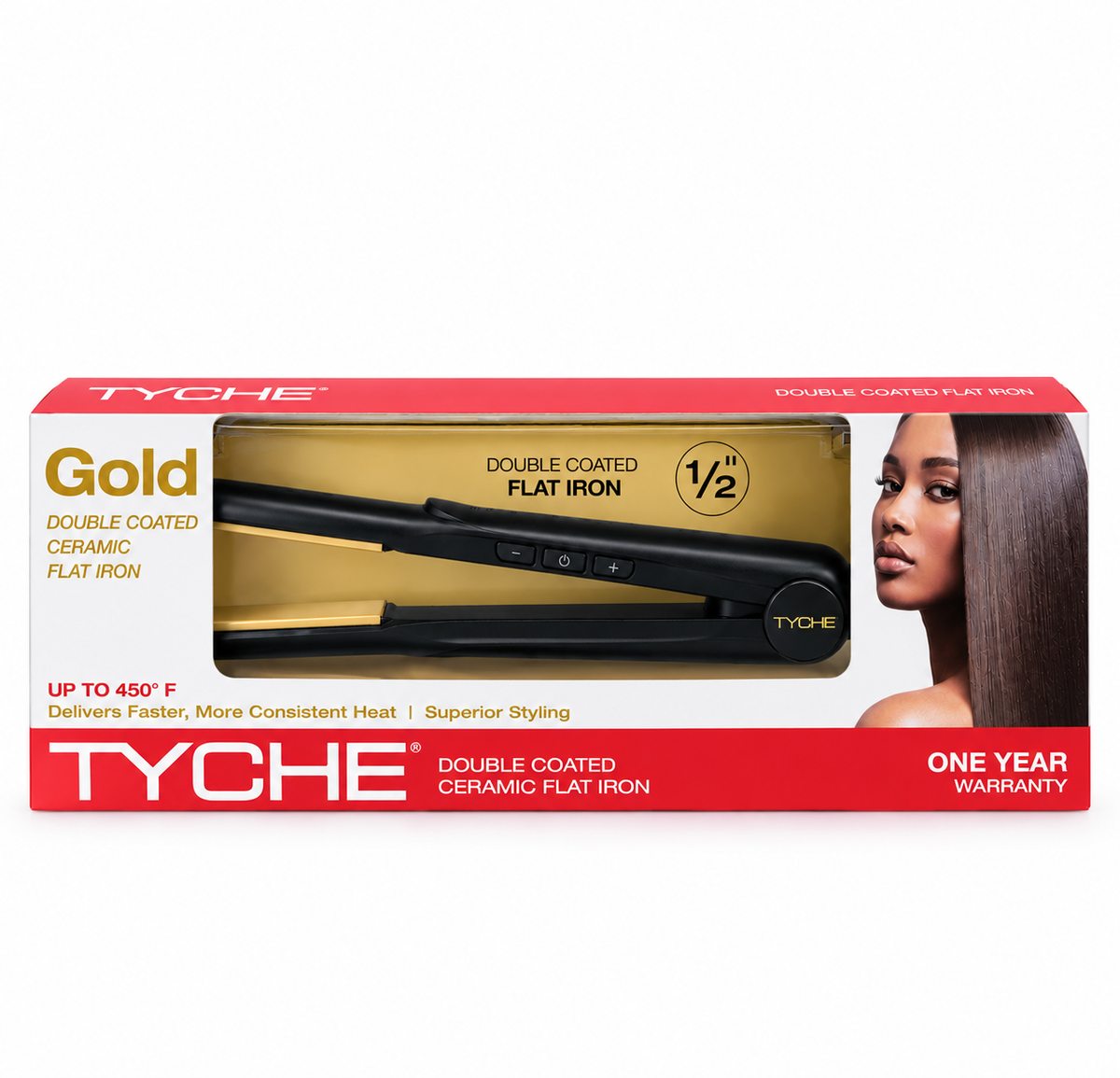 Tyche Gold Ceramic Flat Iron 1/2 Inch — 1/2-inch flat iron in retail box