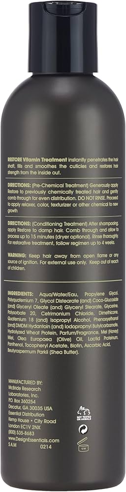 Design Essentials Restore Vitamin Treatment for Natural Dry Damaged Hair, White, 8 Fl Oz