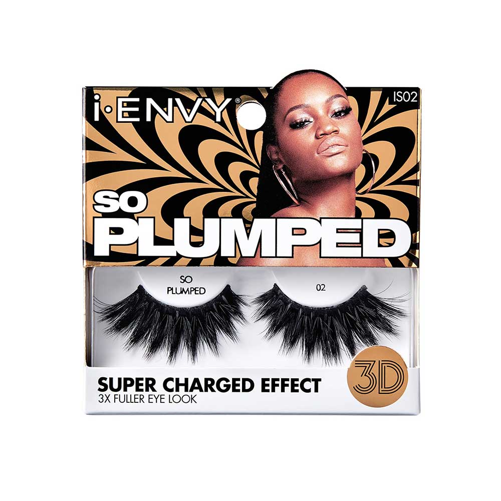 IS02_main "A single false eyelash. The eyelash is black and features a thick, voluminous design with multiple layers of lashes. The lashes are arranged in a slightly curved shape to fit the natural contour of the eye. The base of the eyelash strip is black and appears to be flexible for easy application. The individual lashes vary in length, creating a dramatic and full look."