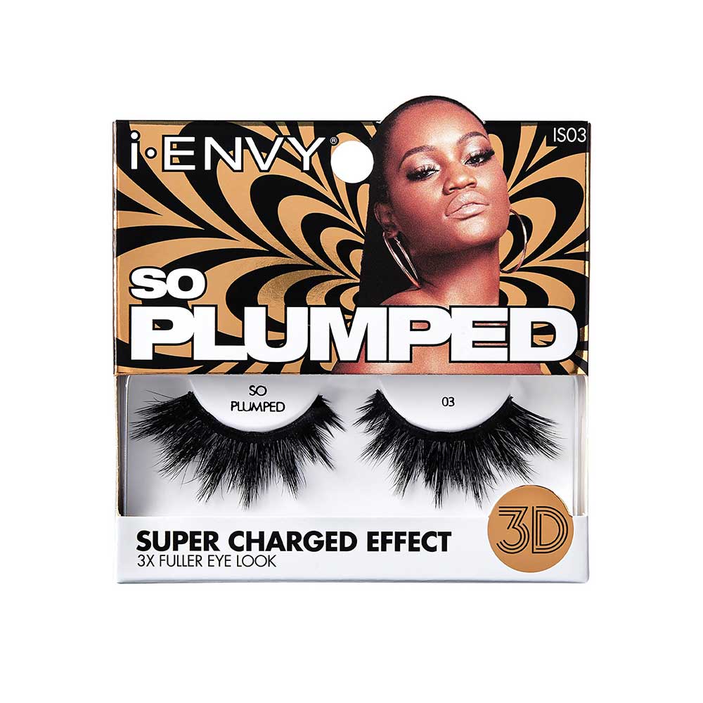 IS03_main "A single false eyelash. The eyelash is black and features a dense, voluminous design with varying lengths of individual lashes, creating a dramatic and full appearance. The base of the eyelash is a dark band, which is typically used to adhere the false eyelash to the natural lash line. The lashes are arranged in a slightly curved shape to fit the natural contour of the eye."